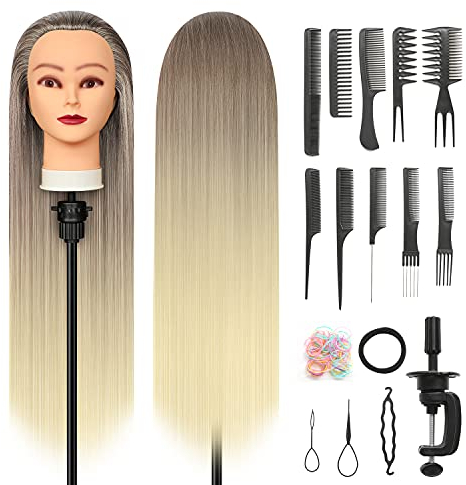 Trainingsköpfe, 28 inch Übungskopf Frisierkopf Friseur 100% Synthetikfaser-Haar Styling Kopf Frisierkopf für Frisöre mit kostenloser Klemme und DIY Flechtset(Golden)