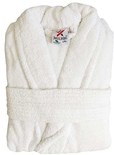 Stars and Stripes Organic Ecological Sustainable White Cotton Terry Towel Plain Bathrobe (L/XL)