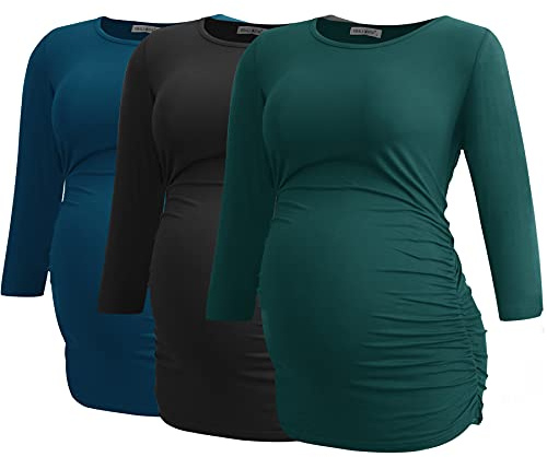 Smallshow graviditet toppar för kvinnor 3/4 ärm Ruched gravida kläder 3-pack,Black-Deep Green-Teal,M