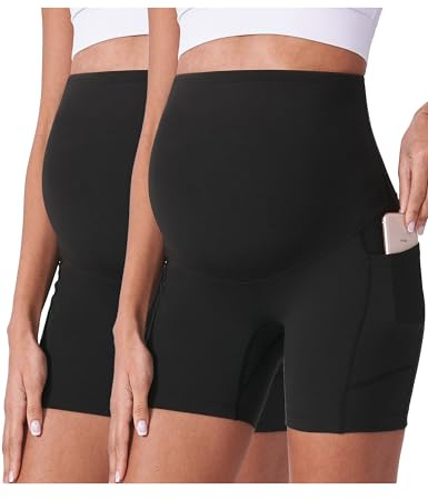 POSHDIVAH Pantalones cortos de maternidad para mujer sobre el vientre, motociclista, entrenamiento, yoga, verano, embarazo, correr, leggings cortos de 5 pulgadas, 2 piezas negras de 5.0 in, Large