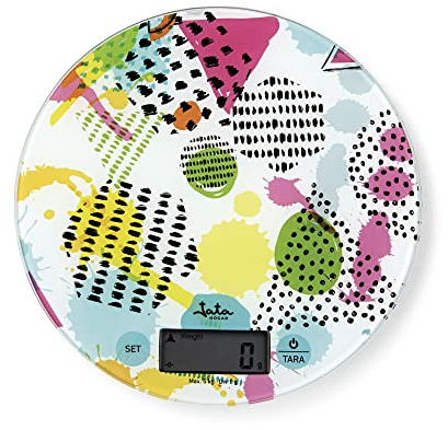 Jata HBAL7240 - Báscula de Cocina Digital, Alta resistencia, Alta precisión, Hasta 5 kg, Pantalla LCD, Base Vidrio, Función tara, Incluye Pilas, Medidas: 19 x 19 x 2 cm