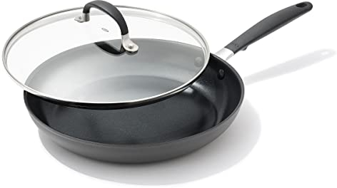 OXO Good Grips 11 Frying Pan Skillet with Lid, 3-Layered German Engineered Nonstick Coating, Stainless Steel Handle with Nonslip Silicone, Black