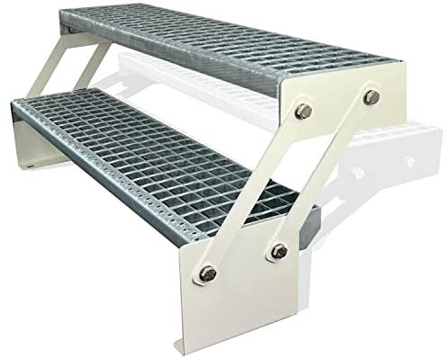 Kaminbau Mierzwa Premium ståltrappa, justerbar, galvaniserad och vit, pulverlackerad, 2 steg (bredd 80 cm) (höjd 34–42 cm), väderbeständig gallersteg, trädgårdstrappa, altandörrrtrappa