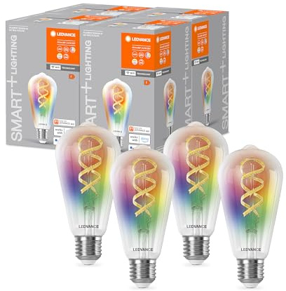 LEDVANCE Smart+ WiFi LED lamp, White Glass, 4.8W, 470lm, Edison Shape with 64mm Diameter & E27 Base, Adjustable Color & White Light, dimmable, app or Voice Control, Long Life, Pack of 4