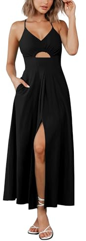 BTFBM Women 2026 Spaghetti Strap Midi Summer Dresses Sleeveless V Neck Cutout Slit Casual Beach Party Maxi Dress Pockets(Black, Small)