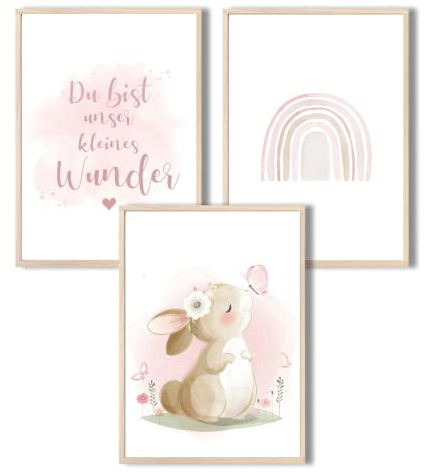 MeinBaby123® Bilder Kinderzimmer | 3er Set DIN A4 Poster Set | Wandbilder mit Spruch | Regenbogen | Deko Kinderzimmer Mädchen | Babyzimmer Deko | Wandposter Premium (Hase)