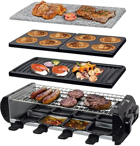 Syntrox Raclette-Grill Set, Tischgrill, Party-Set für 8 Personen, 1200Watt Liestal mit Wechselplatten, Elektrogrill, Raclette Grill, 6 Kg, Stufenloser Temperaturregler