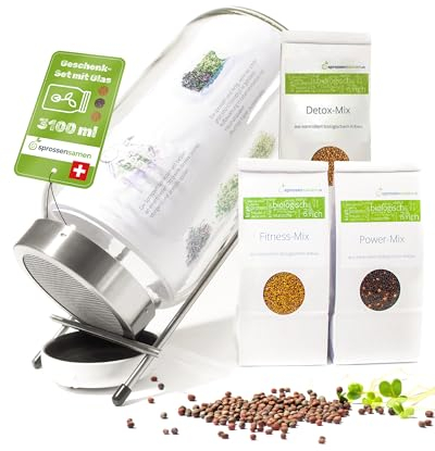 biosprosser Sprossenglas Set 3100ml mit Geschenkset - Bio Fitness-Mix & Power-Mix & Detox-Mix je 75g - Keimglas für Sprossen - inkl. Sprossenglas Deckel, Ständer & Sieb