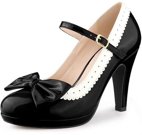 Perphy Bow Platform Stiletto Heel Black Mary Jane Heels Shoes for Women Retro 1950s Shoes 9.5 M US