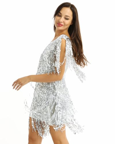 Kvysinly Womens Sequins Tassel Dance Dress 1920s Flapper Fringe Dress Salsa Tango Samba Ballet Dance Wear Silver L