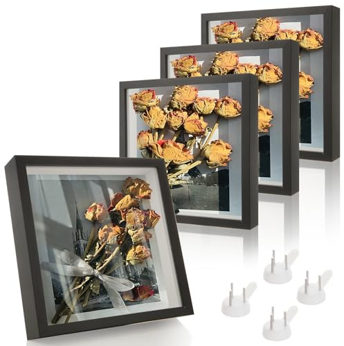 APACALI 4 Pack Shadow Box Frame 8× 8, 3 cm Deep Box Frames, Black | Deep Picture Frame, Box Frames for Crafts 3D Deep, Deep Frame Display Box for Crafts Photos Flowers Memories, Wooden