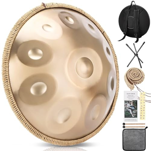 Handpanna trumma i D moll 440 Hz 10 toner 22 tum stålpanna, med mjuk handpanna, handtrumma, slag, harmonisk slagverk, för ljudläkning, personlig meditation, yoga