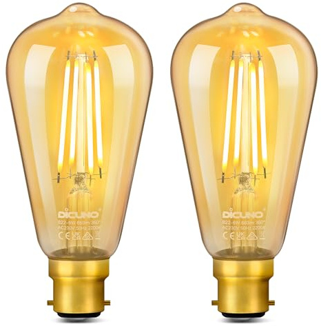 DiCUNO ST64 Vintage Light Bulb B22 6W, 60 Watt Equivalent, Antique/Retro Amber Glass Lamp, 2200K Warm White, Not-dimmable, Bayonet LED Filament Lamp Squirrel Cage, 660LM, 2 Pcs