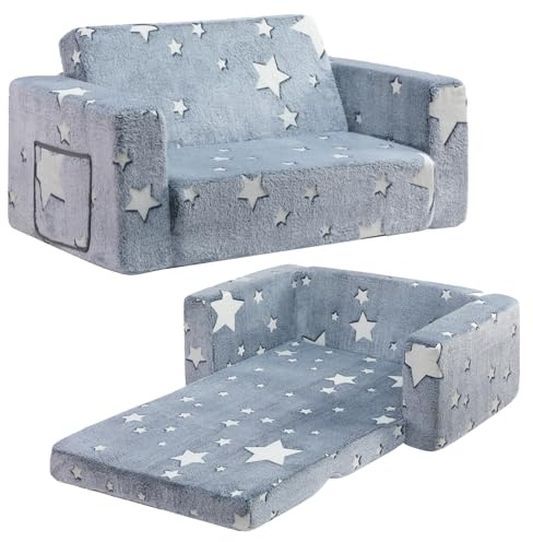 BEJOY Kids Sofa Bed, Extra Wide 2-in-1 Toddler Soft Sherpa Couch Fold Out, Convertible toddler bed to Lounger for Girls and Boys, Glowing Star