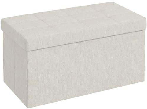 HOMCOM Banc de Rangement, Pouf de Rangement, 76 x 38 x 38 cm, 84L, Pliable, Bout de lit, Repose-Pieds, avec Couvercle, pour Couloir, Salon, capitonnée, crème
