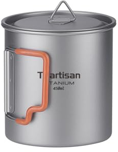 Ti artisan Titanium Cup Camping Pot Ultralight Titanium Mug 450ML Camping Cup Titanium Pot with Foldable Handles and Lid for Outdoor Camping Hiking Backpacking (450ML)