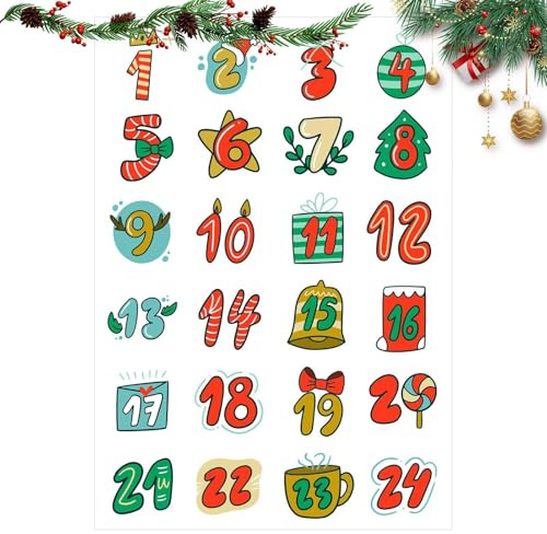 Jul adventskalender numrerade klistermärken, jul adventskalender klistermärken | 1–24 siffror julförpackning väska klistermärken - tätningsetiketter
