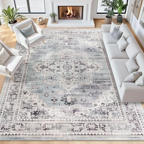 Taleta GORGEOUS Rugs Living Room Washable Vintage Boho Large, Non-Slip Soft Short Pile Oriental Area Carpet for Bedroom, Diningroom, Kitchen, Green Grey, 240 x 340 cm