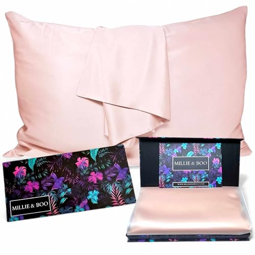 Millie & Boo Satin Pillowcase with Zipper for Hair & Skin, Smooth Pillow Covers, Cooling Satin Pillowcases with Magnetic Gift Box, Vegan Silk Pillowcase Alternative Queen Size 50x75cm (Pink)