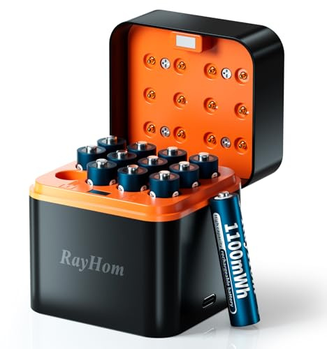 RayHom 12-Pack Rechargeable Lithium AAA Batteries with Charger, 1.5V Constant Output, 1100mWh High Capacity, 12-Slot Triple AAA Li-ion Charger with Smart Charging, Multiple Charging Protections