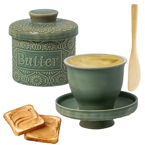Beurrier en céramique avec couvercle, beurrier français pour beurre tendre, avec couteau à beurre, beurrier, extérieur rayé, pour table et centres de table