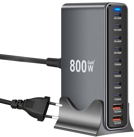 800W Caricatore USB Multiplo - 10 Porte (8 USB-C + 2 USB-A) con Ricarica Rapida, Stazione di Ricarica Compatta per Multi Dispositivi, Compatibile con MacBook, iPad, iPhone 16/15/14, Galaxy S22/S20