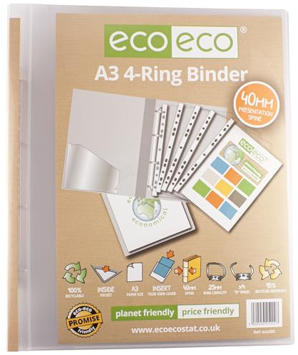 eco-eco A3 95% Recycled 4-D Portrait Clear Presentation Ring Binder File Folder, 40mm Spine, Artwork Portfolio, eco202