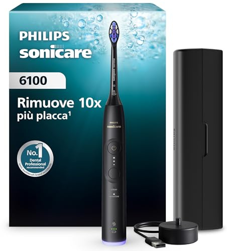 Spazzolino Philips Sonicare serie 6100 - tecnologia Next Generation Sonicare, sensore di pressione, 6 impostazioni, SmarTimer, BrushPacer, autonomia di 21 giorni, custodia da viaggio, nero, HX7401/12