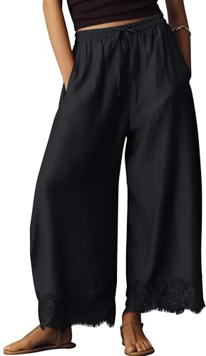 Anoumcy Lace Trim Wide Leg Pants for Women 2026 Spring Summer Cropped Lightweight Casual Pants