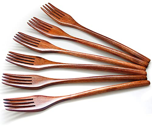 Forks,Wooden Forks, AOOSY 6 Pieces Eco-friendly Japanese Wood Salad Dinner Forks Wooden Forks Set Reusable Handmade Natural Wood Flatware Set for Cooking Stirring Eating