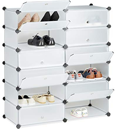 Relaxdays Schuhschrank Kunststoff, Schuhregal geschlossen, Regalsystem 12 Fächer, HxBxT: 108 x 94 x 37 cm, transparent