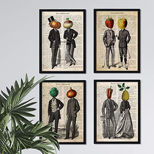 Nacnic set 4 stampe artistiche vintage, collage con persone, frutta, verdure e ortaggi. Sfondo foglio di giornale con varie definizioni in lingua spagnola: frutta, verdura e dieta mediterranea.