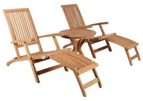 MR. DEKO Gartenmöbelset Teak Deckchair Yacht & Beistelltisch Burton | 2X Luxus-Sonnenliege Massivholz | Zertifiziertes Plantagen-Teak | Gartenliege-Set Verstellbar | Outdoor-Set