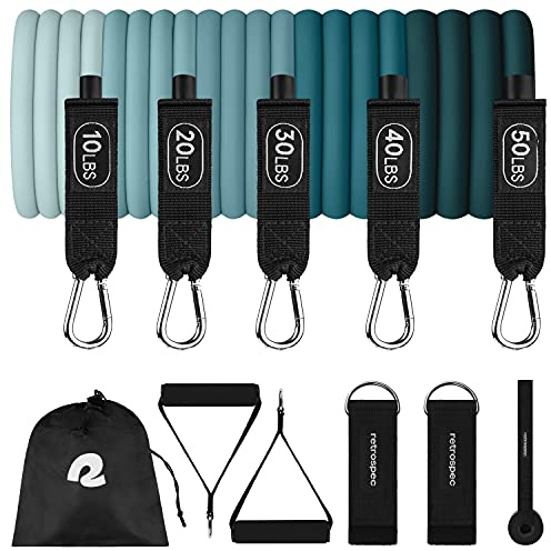 Retrospec Zug-Widerstandsbänder, Workout-Bänder mit Griffen, Türanker, Tragetasche für Damen und Herren, Unterschlepp, Set (5-teilig)