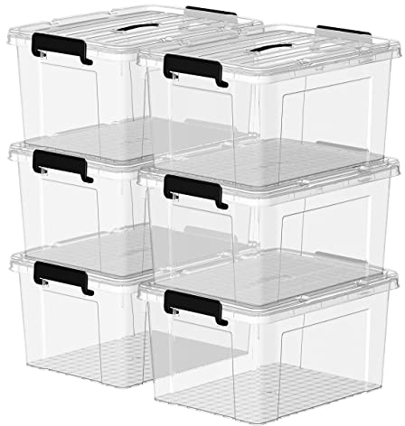 Cetomo 20L*6 Storage Boxes, Carry Plastic Storage Box with Lids, Organizing Container with Handle and Secure Latching Buckles, Stackable, Nestable, Tote Bin for Home Office Clothes, 20L-6Pack, Clear
