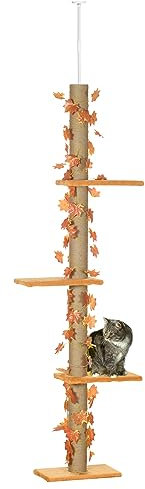 PawHut 242cm Floor to Ceiling Cat Tree for Indoor Cats with Leaves, Height Adjustable Cat Climbing Tower with Scratching Post, Anti-Slip Kit - Orange