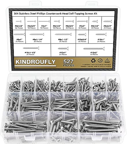 Kindroufly 527 Pieces #4#6#8#10#12 Phillips Countersunk Head Self-Tapping Screws, Wood Screws Assortment Kit, 304 Stainless Steel