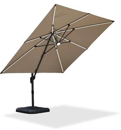 PURPLE LEAF Sonnenschirm 300 x 300 cm, Aluminium Ampelschirm mit Solar LED Beleuchtung, Gartenschirm mit Kurbel, 360° Rotation, UV-beständig, Beige