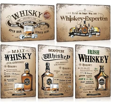 5er Set Retro Whisky Blechschild - Whiskey Bar Schild Zubehör Dekoration - Metallschild Geschenk für Whiskey Liebhaber Pub Club Partyraum Kellerbar Theke - 20x30cm