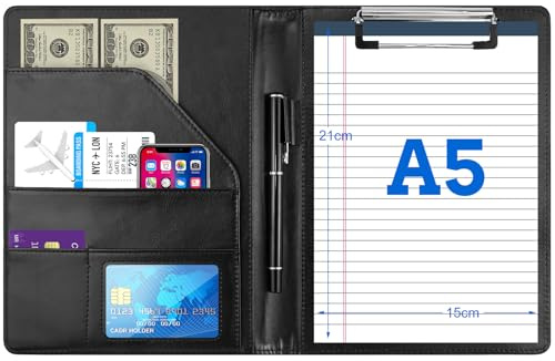 Clipboard Folder A5, Multifunctional Business Leather Document Clip Board, Folder A5 Clipboard Conference Folder A5 Clipboard Portfolio or Work Writing Conference Report with A5 Paper&Pen, Black