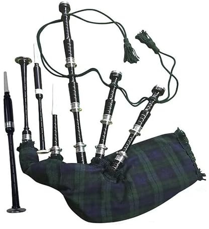 Full Size Playable Bagpipe - Traditional Scottish Highland Bagpipe with Carrying Bag - Black Finish Rosewood - Silver mounts - Free Practice Chanter