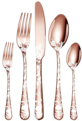 XIAOYU 5 Piece Halloween Themed Skeleton Silverware Set, Skull Gothic Cutlery Set Includes Knife Fork and Spoon, Stainless Steel Flatware Tableware for Halloween Easter and Christmas, Rose Gold