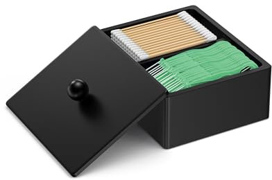 PENGARO Wattestäbchen Halter, 2 Fächer Pflegestäbchen Behälter Wattepadspender für ob Tampon Aufbewahrung Box Badezimmer Makeup Organizer mit Deckel Behälter für Qtips Wattepads Baumwoll, Schwarz
