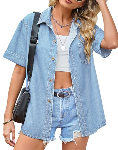 KOOSUFA Blusa vaquera de manga corta para mujer, camisa vaquera de verano, blusa de mezclilla, cuello vuelto, informal, blusa con botones y bolsillo en el pecho S, M, L, XL, azul claro, L
