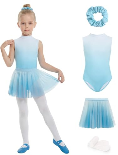 JiAmy Ballettkleider für Kinder Ärmellose Ballettkleidung Mädchen Tanzbekleidung Balletttrikot mit Rock Tütü Ballett Strumpfhose 130, Blau