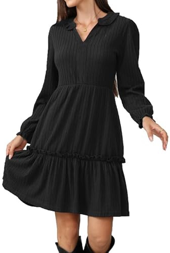 Alaster Queen Abito autunnale da donna, elegante, per feste, inverno, autunno, con scollo a V, a maniche lunghe, abito corto in maglia, abito da festa Vokuhila con tasche Autumn Dress, Nero , M