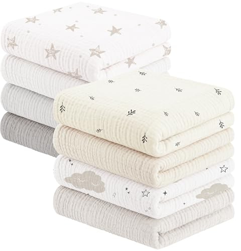 Susurration Muslin Cloths for Baby, 100% Cotton Baby Muslin Squares Cloths for Newborn Boy and Girl, Soft, Breathable and Extremely Absorbent Baby Muslin Burp Cloths, 60 x 60 cm, 8 Pack