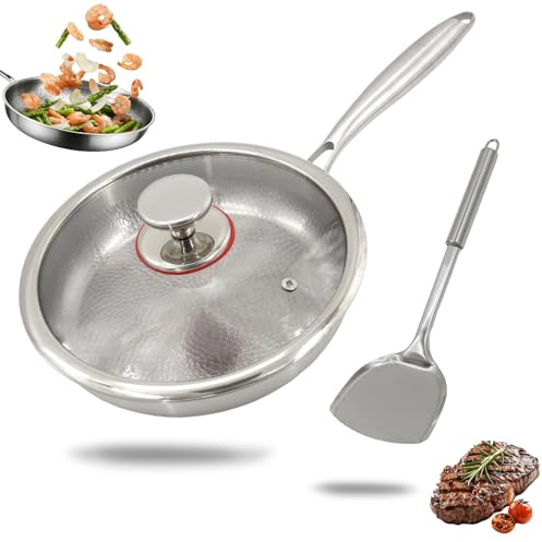 CeyKvo Padella in titanio non rivestita con coperchio in vetro e spatola, materiale antiaderente martellato, piano cottura a induzione in titanio, adatta per cucina e campeggio. (26 cm)