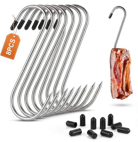 8 ganci da macellaio per appendere, carico 50 kg-5 mm* 18 cm, ganci per carne a forma di S per appendere, ganci a S in acciaio inossidabile, ganci a forma di S in metallo, per macellazione, barbecue