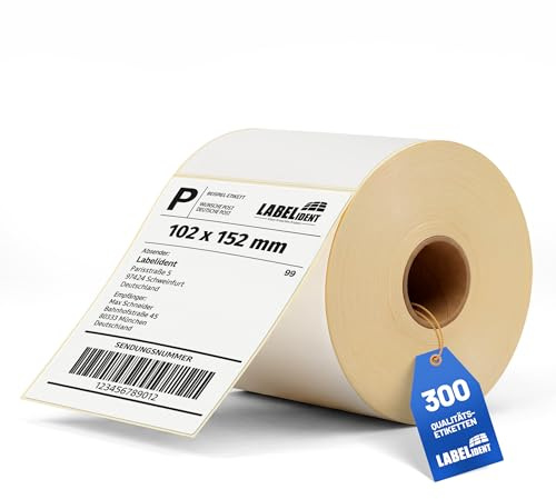 Etichette per spedizioni DHL, DPD, Fedex, GLS, Hermes, UPS – 4 x 6 pollici – 101,6 x 152,4 mm – 300 etichette di carta Thermo-Eco su 1 rotolo/i con nucleo da 25 mm, etichette termodirette autoadesive.